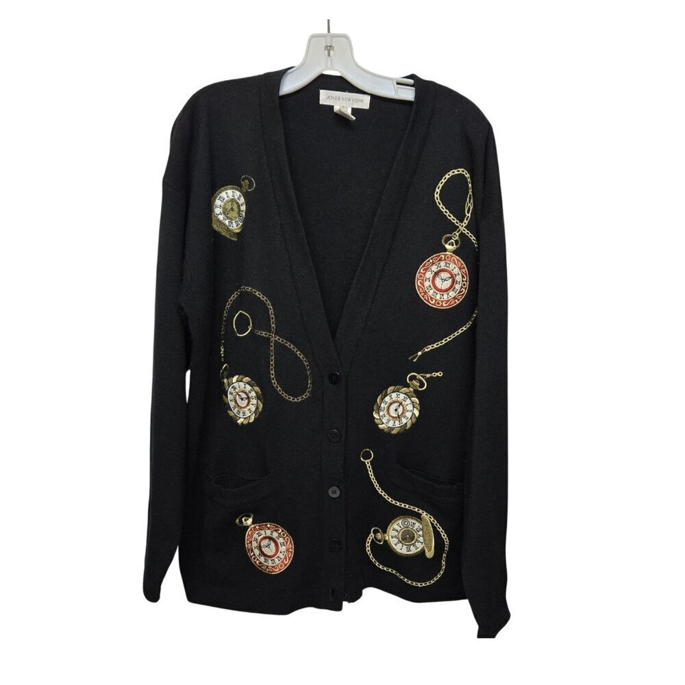 Vintage 90s Embroidered Black Cardigan L Lambswool Blend Novelty Pocket Watches